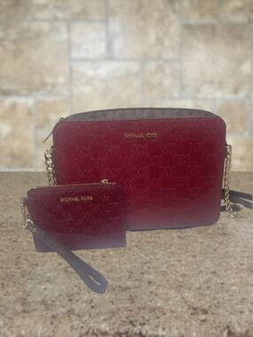 Michael Kors Burgundy Embossed Patent Leather Crossbody Bag & Wallet Set Berry